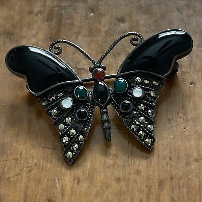 Vintage Art Deco Style Sterling Silver 925 Onyx Marcasite BUTTERFLY Brooch Pin • $8.98