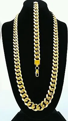  MENS 15mm BLACK   GOLD STAINLESS STEEL MIAMI CUBAN  CHAIN NECKLACE BRACELET SET • $59.99