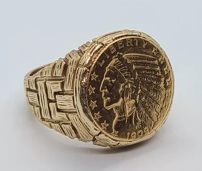 Vintage Estate 14k Yellow Gold $5   Indian Head 1909 Coin Mens Ring Size 15 • $2990