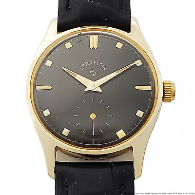 14k Gold Lord Elgin Black Dial Vintage Mens Running Wrist Watch	 • $88