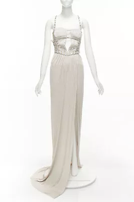 Rare VERSACE 2011 Runway Grey Crystal Embellished Studded Harness Gown IT38 XS • $3998