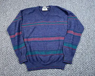 VTG 80s Sears Wool Striped V-Neck Sweater Adult Medium Blue Lightweight Italy • $25