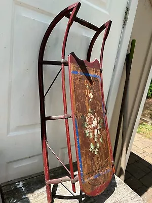 Antique 19th Century Child Snow Sled  Paris Maine? Painted Flowers Primitive Art • $325