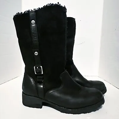 UGG Bellvue Boots Womens Size 8.5 1914 Black Leather Pull On With Side Zip • $55