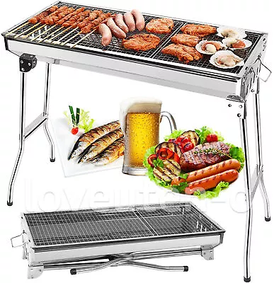 BBQ Grill Charcoal Barbecue Grill Stainless Steel Folding Camping Yard Portable • $34.99