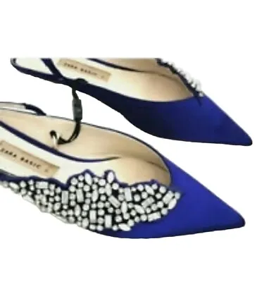 Ladies Zara Dark Blue   Flat Court Shoes With  Rhinestone Trim Size 6 New • £19.99