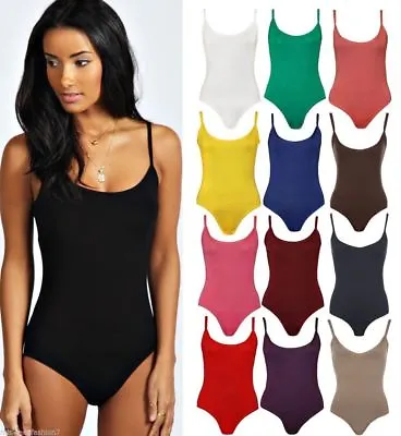 Womens Ladies Stretch Strappy Sleeveless Camisole Vest Bodysuit Leotard Top 4000 • £5.99