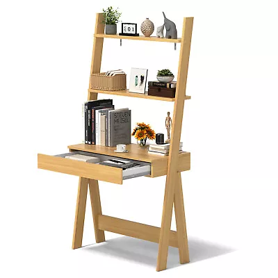 2-Tier Bookself Ladder Shelf Desk Bookcase W/ Countertop & Large Drawer Natural • $139.99