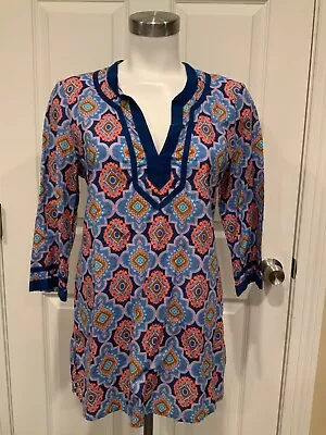 J. Crew Dark Blue Light Blue & Orange Geometric Tunic Shirt Size Small • $18.19