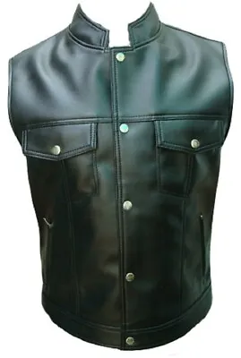 Men Black PU Leather Vest Bikers Style Motorcycle Superior Faux Leather Jacket • £24.99