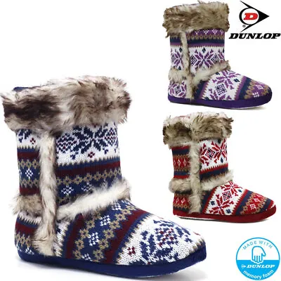£16.95 • Buy Ladies Slippers Womens Dunlop Boots Ankle Fairisle Memory Foam Warm Fur Booties 