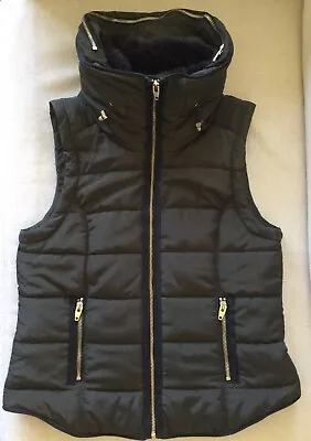 Euc H&m Women Olive Puffer Trim Faux Fur Hood Zipper Vest Hood Small Rare $59.90 • $20