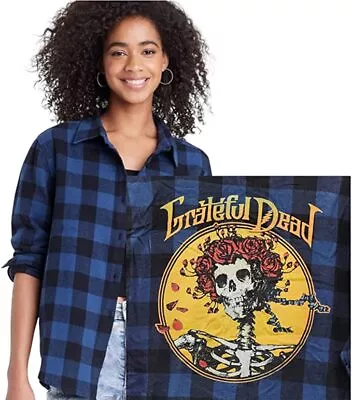 Vintage Style Flannel Shirt Grateful Dead Womens M Bertha Skull Roses Blue Plaid • $14.23