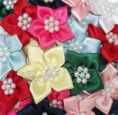 £2.29 • Buy Satin Ribbon Poinsettia Flowers With Pearl Beads, Choose Colour/Pk Size Free P&P