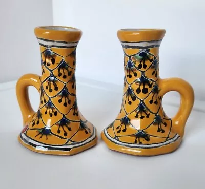Talavera Hand Painted Candle Stick Holders Pair 4.5” Tall Yellow Made In Mexico • $29.97
