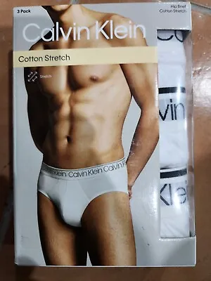 CALVIN KLEIN Men's Cotton Stretch Hip Briefs CK Underwear White 3-Pack  Size XL  • $59