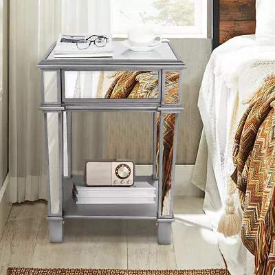 £107.96 • Buy Silver Mirrored Glass Sofa Side End Table Mirror Glitz Coffee Table W/Drawer NEW