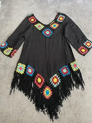 £9 • Buy Crochet Granny Squares Poncho Top With Sleeves - HIPPY FESTIVAL VGC M/L Blk Mult