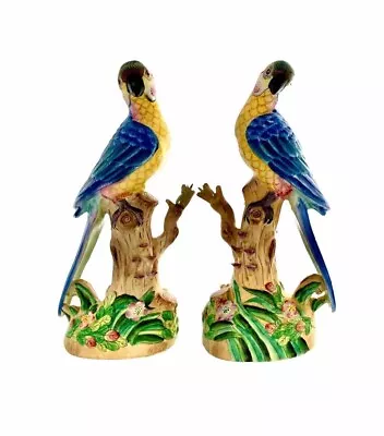 Bird Figurine Pair Tropical Parrot Porcelain Statue Vintage Colourful Decor • $270