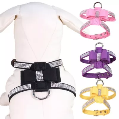 £8.92 • Buy Rhinestone Pet Puppy Dog Harness Leather Bow Tie Bling Diamante Crystal Collar 