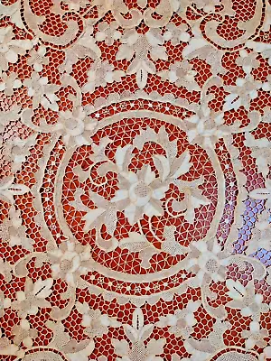 Antique Vintage Point De Venise Needle Lace Tablecloth Beige 115 X 115 Cm • $117.15