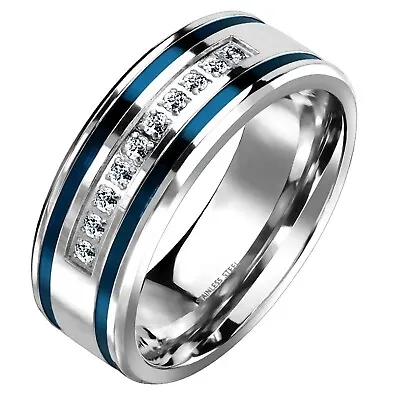 Men Blue Wedding Band 316L Surgical Stainless Steel Cubic Zirconia Modern Ring • £16.38