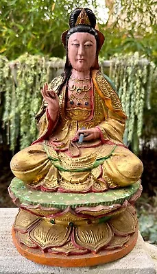 Antique 19th C. Quan Yin Chinese Temple God Carved Lotus Wood Buddha Statue • $995