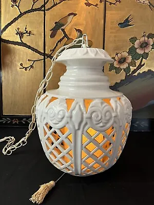 Fabulous Vintage Mcm White Ceramic Hanging Swag Lamp Perfect Condition • $200