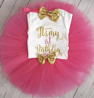 Baby Girl First 1st Birthday Outfit Party Dress Cake Smash Tutu Photo Shoot Bow  • £14.75