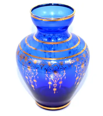 Italian Venetian Blown Art Glass Gold Filigree Vase Signed Venice Cobalt Blue • $20