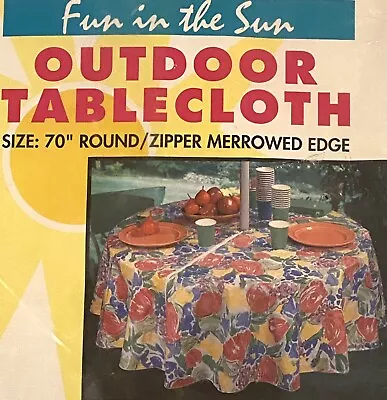 New Vintage Fun In The Sun Outdoor Tablecloth 70  Round Vinyl Umbrella Hole • $20.99