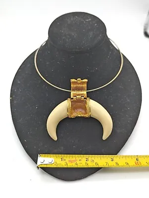 Vtg Revlon Solid  Vtg Perfume Safari Tusk Moon Pendant Gold Tone   • $59.95