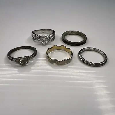 Lot Silver Tone Cocktail CZ Crystals Heart Pave Boho Hippie Retro Ring Size 6 • $6