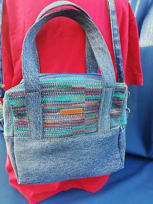 £17.99 • Buy Boston Bag Small Handmade Handbag Carry Handles Made With Recycled Denim Blue