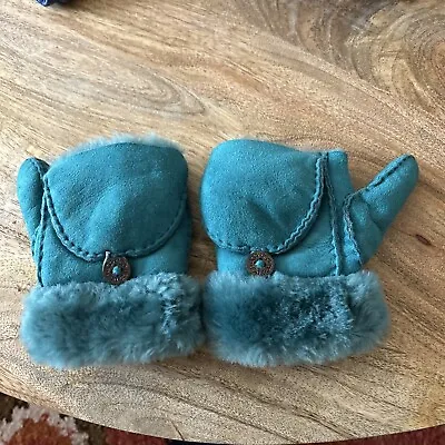 UGG Pop Top Gloves Shearling Teal Blue Flip Mit Mittens Kids 4-6 Years • $19.99