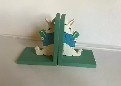 HAND PAINTED Wood BUNNY RABBIT BOOKENDS EASTER SPRING CHILD'S ROOM~6.25  High • $12.99