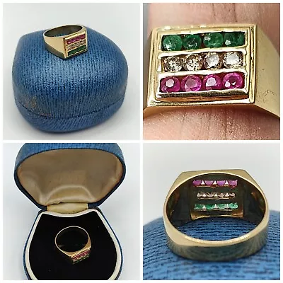 STUNNING BESPOKE SOLID 18K YELLOW GOLD EMERALD/DIAMOND/RUBY  SET SIGNET RING 7g. • £320