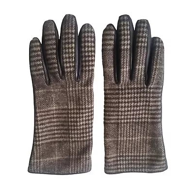 Womens Brown Plaid Houndstooth Leather Gloves Merona Fashion Lined Small Driving • $12.29