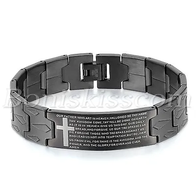 Men's Black Stainless Steel Cross English Bible Lords Prayer Bracelet Chain Link • £8.67