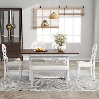 Round Mid-Century 6 Pcs Trestle Table Set Victorian Upholstered Chair Long Bench • $702.69