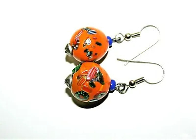 Vintage Orange Millefiori Trade Beads Dangle Wire Earrings • $14.99