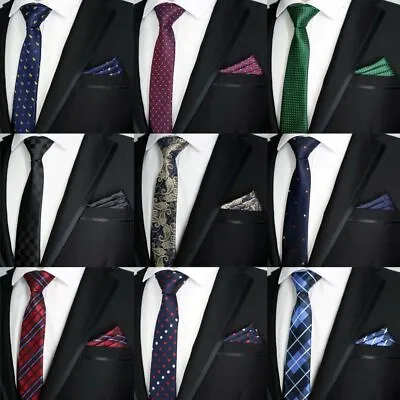 6CM Men Tie Set Skinny Dots Plaids Jacquard Slim Ties Pocket Square Sets Necktie • £5.99