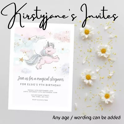 Birthday Party Invitations Invites Personalised Kids Girl Unicorn Pink Sleepover • £4.49