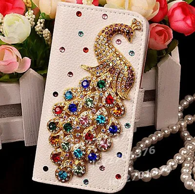 Luxury Bling Diamond Crystal Peacock Leather Slots Flip Wallet Phone Cover Case • £13.18