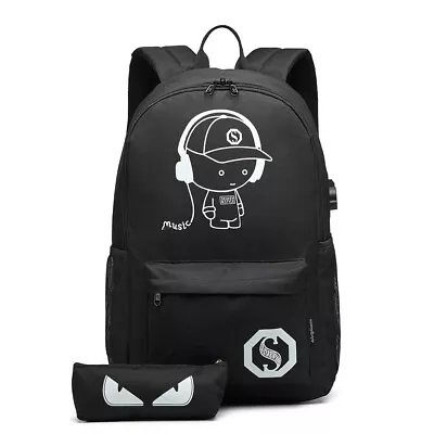 Black Luminous A4 School Travel Satchel Bag Pencil Case Music Boy Backpack USB • £10.99