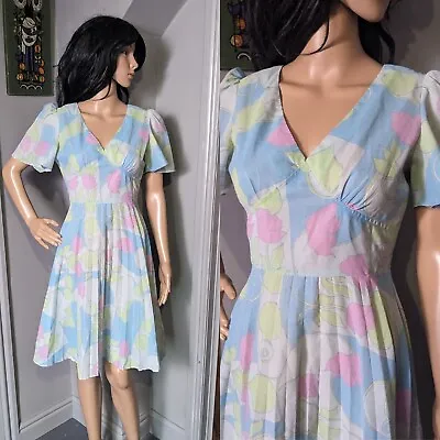 £35.99 • Buy Vintage 60s 70s Blue Psych Swirl Floral Dress A Line Mod 8 10 36