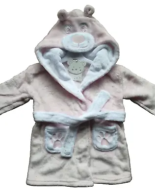 Baby Girls Teddy Bear Pink Dressing Gown 12-18 Months Fleece Hooded Robe Sale • £4.98