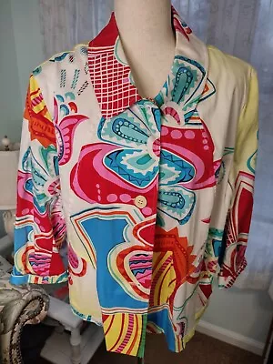 Erin London XL Bright Paisley Print Jacket Pockets Cotton Spandex Collar 3/4 Slv • $17