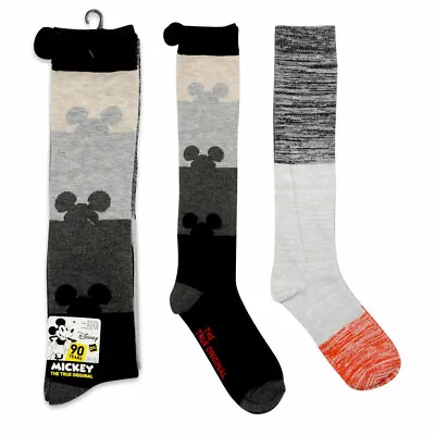 2 PAIR Disney Mickey Mouse Women Girls Knee High Socks Black Gray 9-11 Boot Sock • $9.95