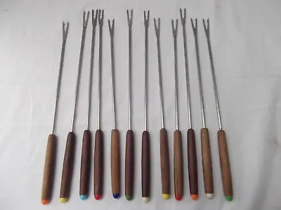 VTG Fondue Forks Set Lot Of 12  MCM Teak Wood Stainless Japan MINT • $21.99